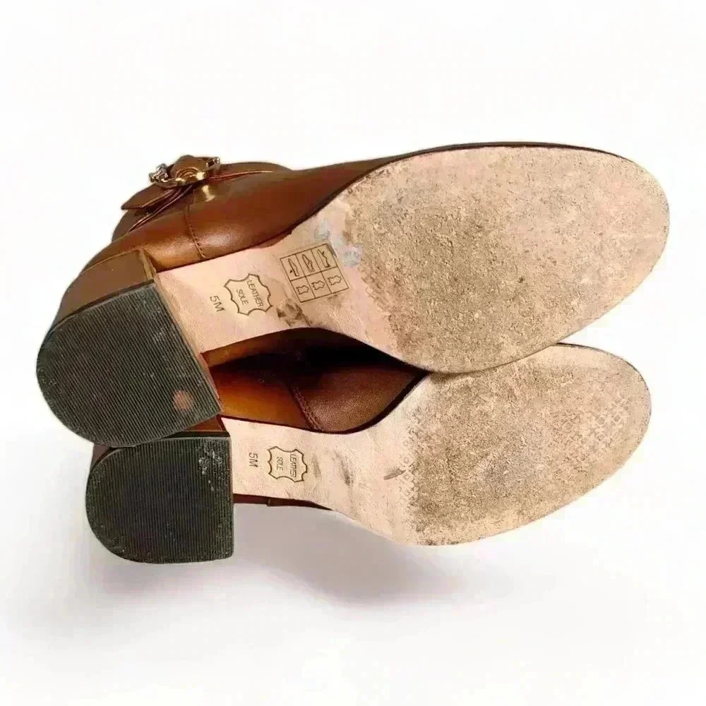Tory Burch Sophia Ankle Booties Boots British Tan Women's 5 M Leather Gold Logo